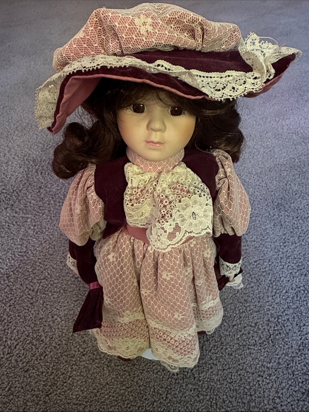 Brinn’s Porcelain Doll MUSIC BOX in Pink and Burgundy Velvet Lace & Mary Janes!